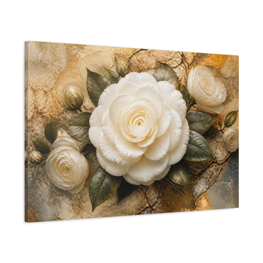 Main Mockup. Floral White Camellia Elegance shown as canvas print