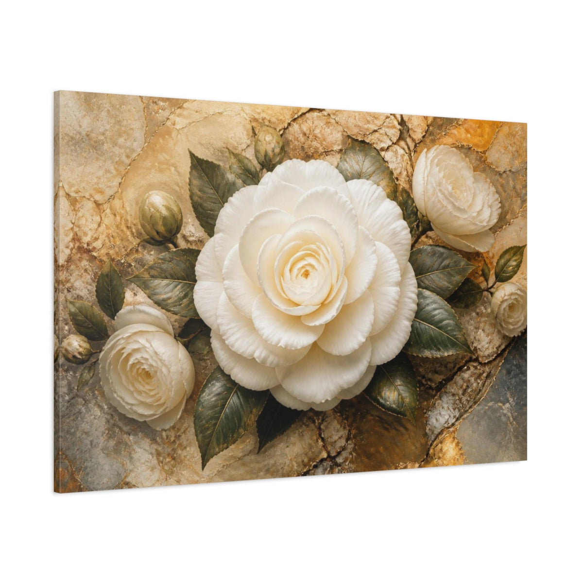 Side Mockup 1. Floral White Camellia Elegance shown as canvas print