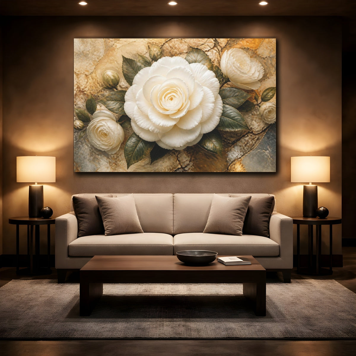 Mockup 2. Floral White Camellia Elegance shown as canvas print