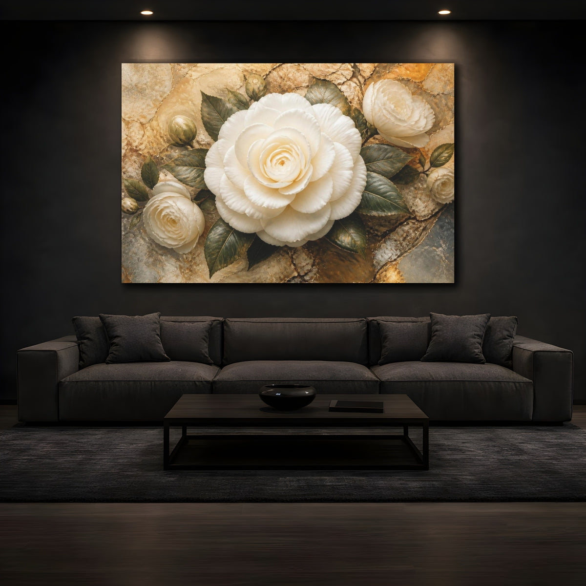 Mockup 3. Floral White Camellia Elegance shown as canvas print
