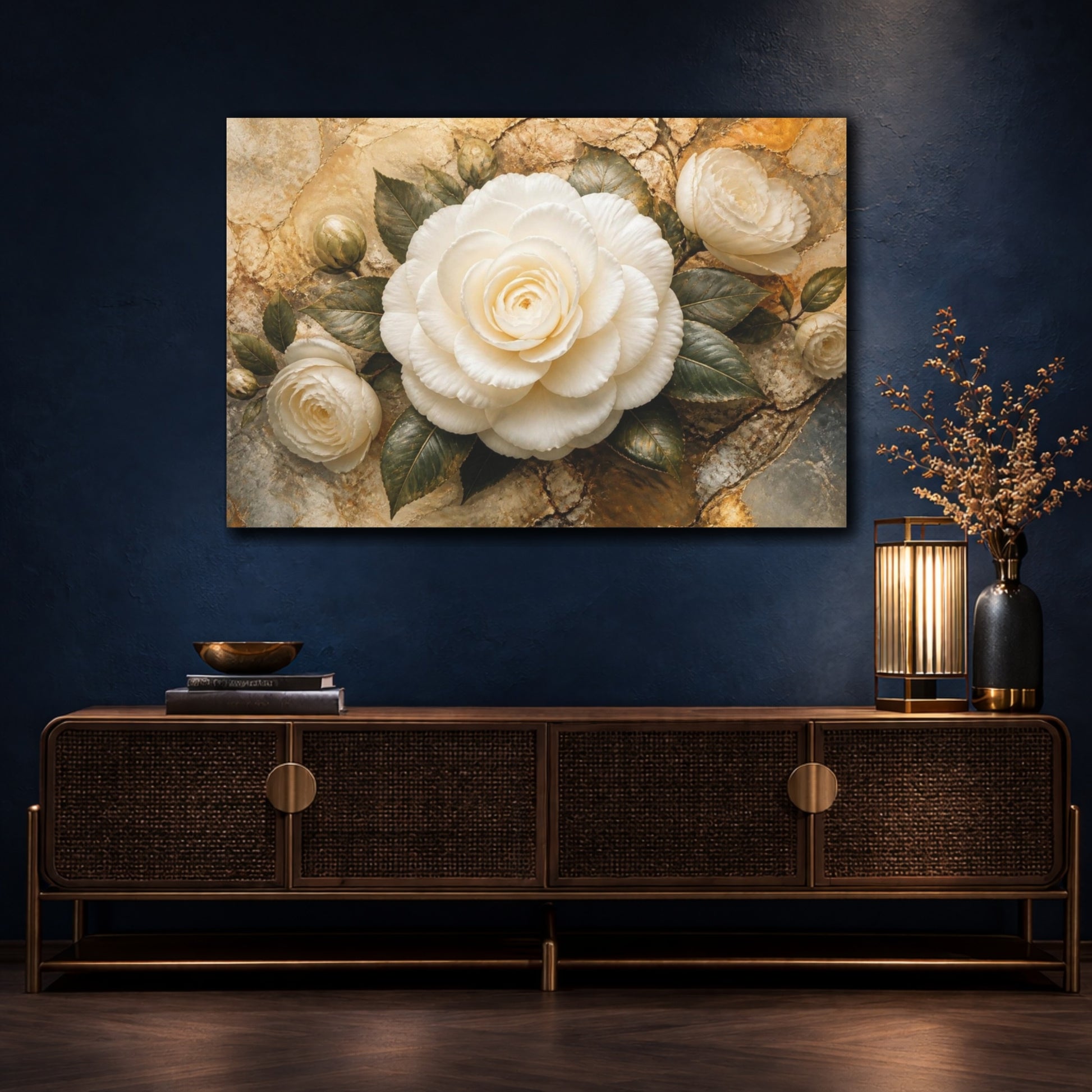 Mockup 4. Floral White Camellia Elegance shown as canvas print