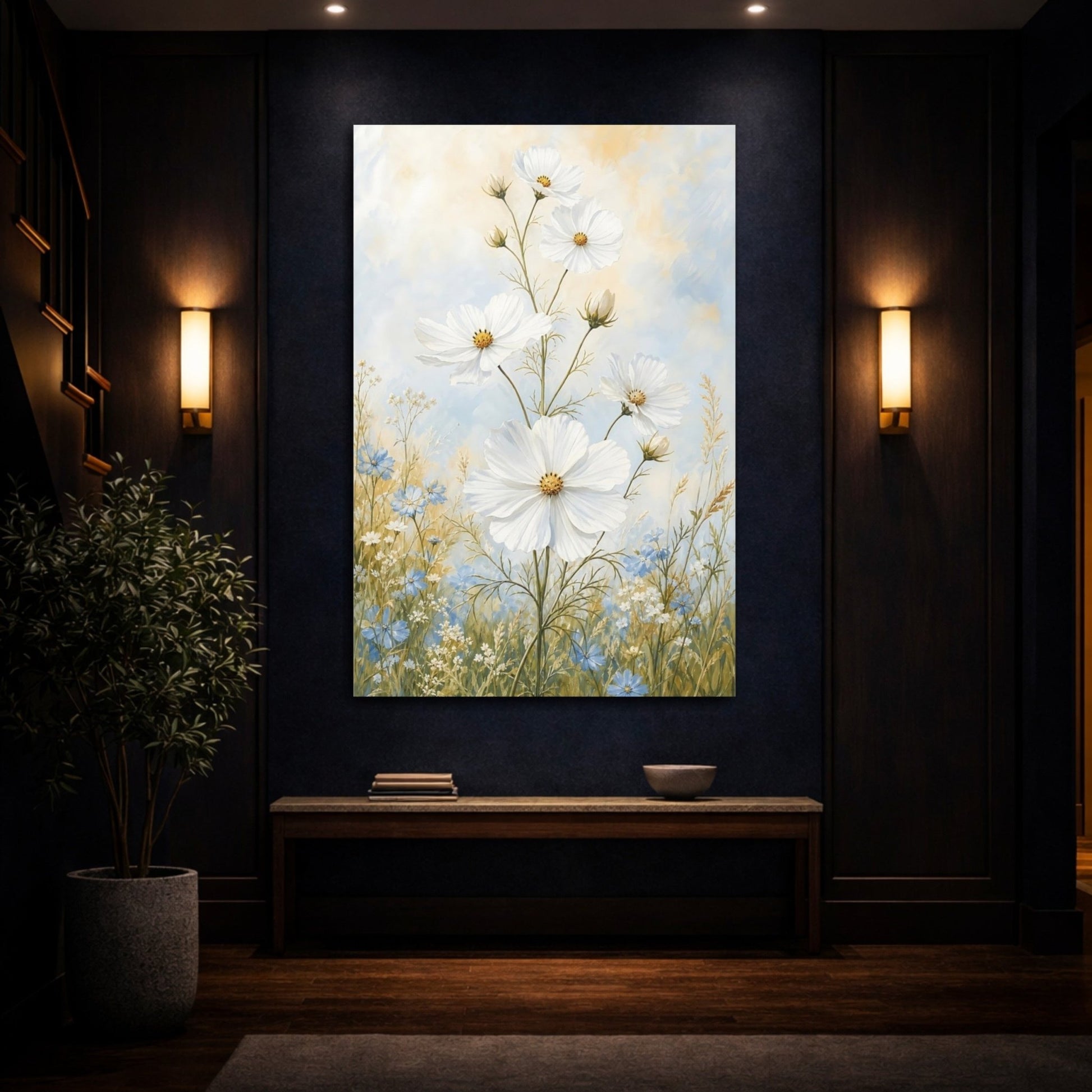 Floral White Cosmos And Blue Flowers Canvas Print – Living Room, Above Console Table - YesArtYes