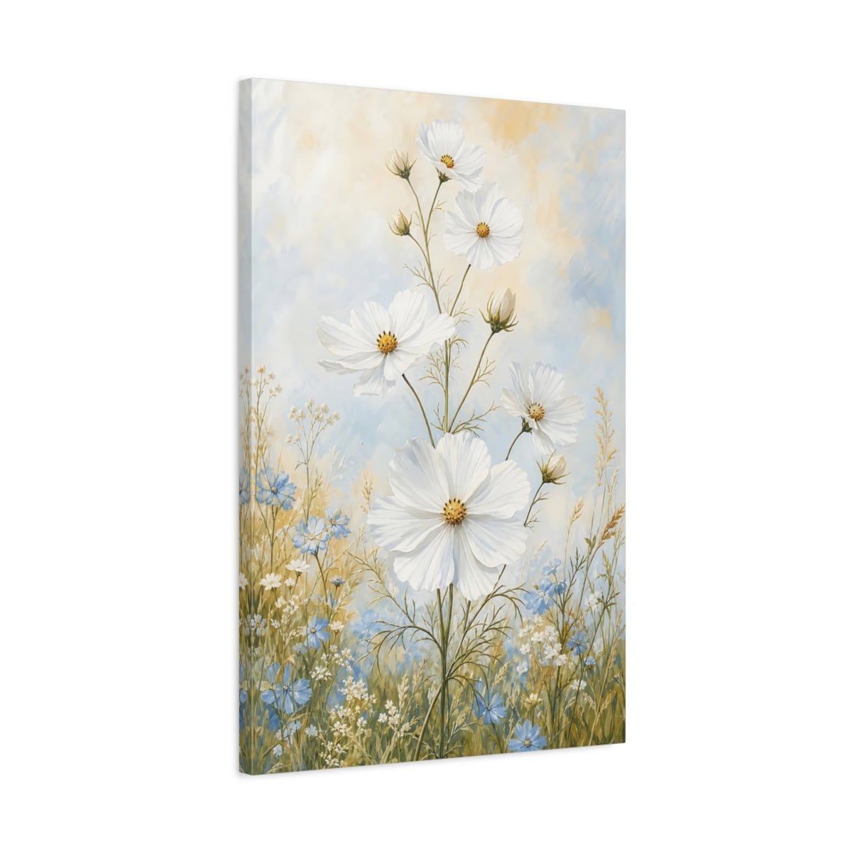Floral White Cosmos And Blue Flowers Canvas Print – Living Room, Above Console Table - YesArtYes