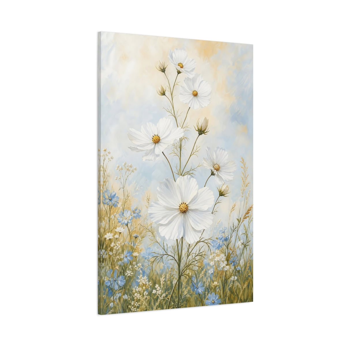 Side Mockup 1. Floral White Cosmos White And Blue Flowers shown as canvas print
