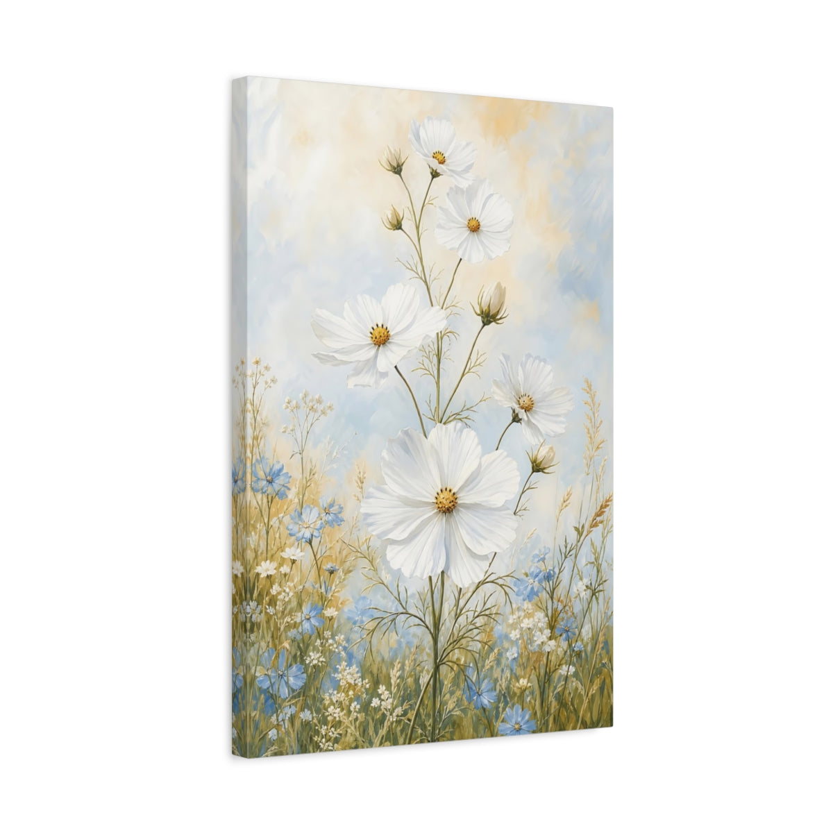 Side Mockup 3. Floral White Cosmos White And Blue Flowers shown as canvas print
