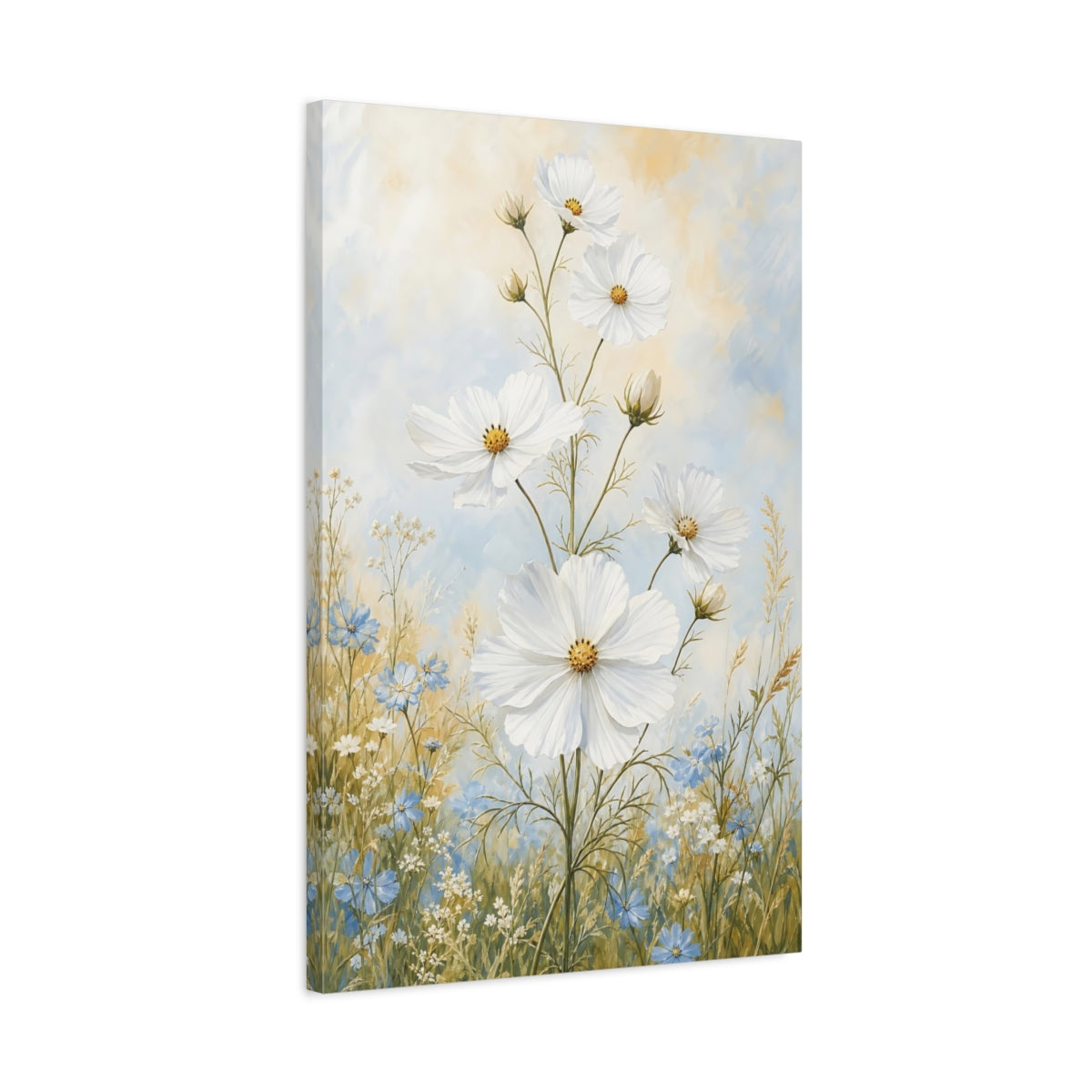 Side Mockup 2. Floral White Cosmos White And Blue Flowers shown as canvas print