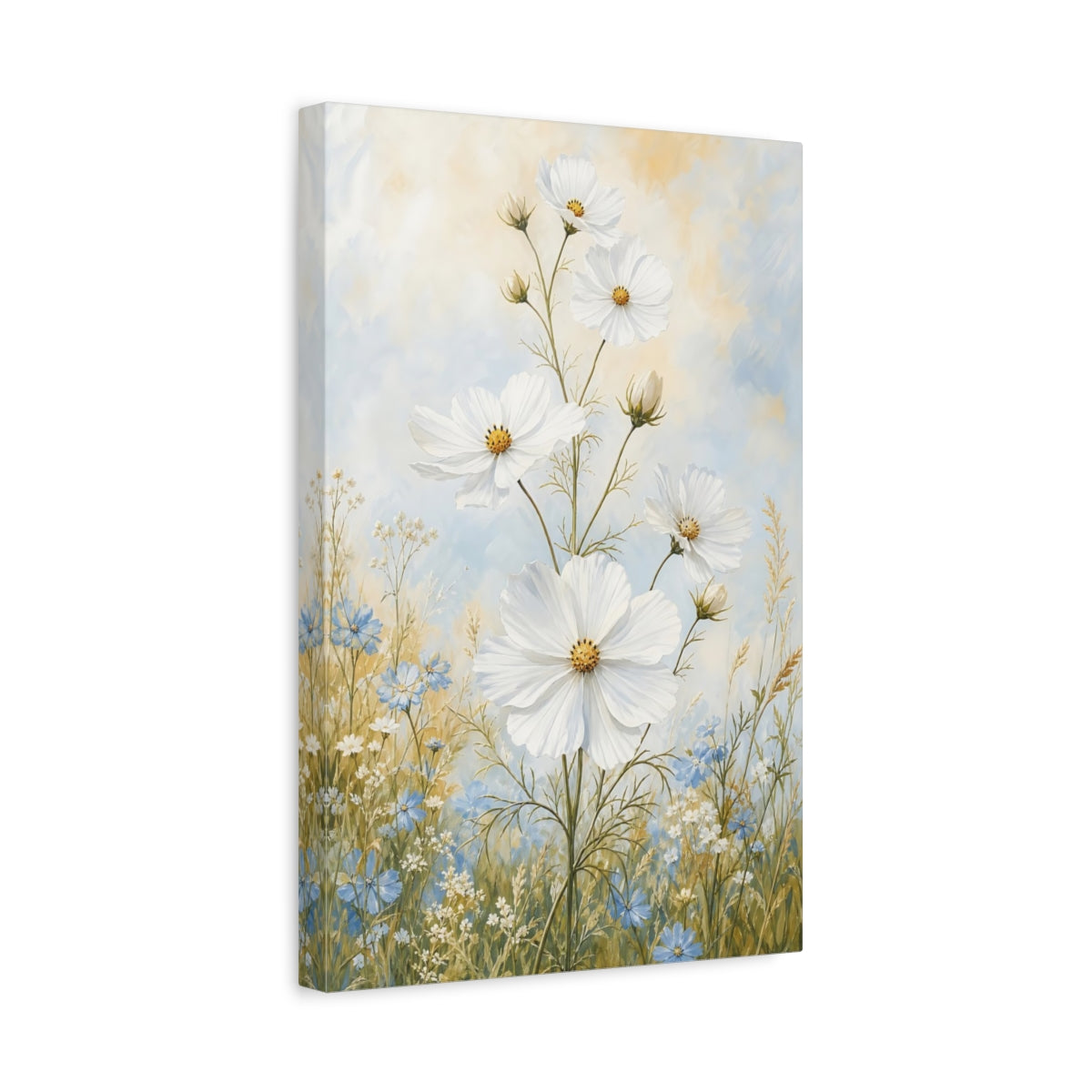 Side Mockup 4. Floral White Cosmos White And Blue Flowers shown as canvas print