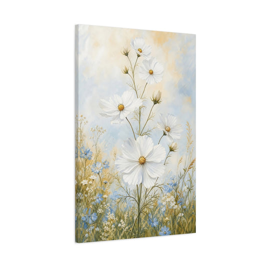 Main Mockup. Floral White Cosmos White And Blue Flowers shown as canvas print