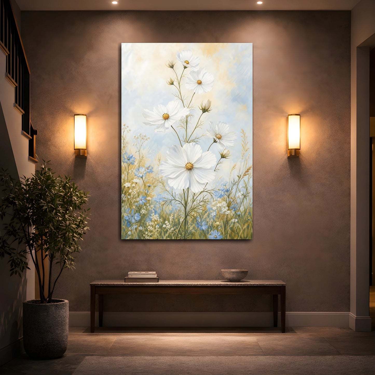 Mockup 2. Floral White Cosmos White And Blue Flowers shown as canvas print