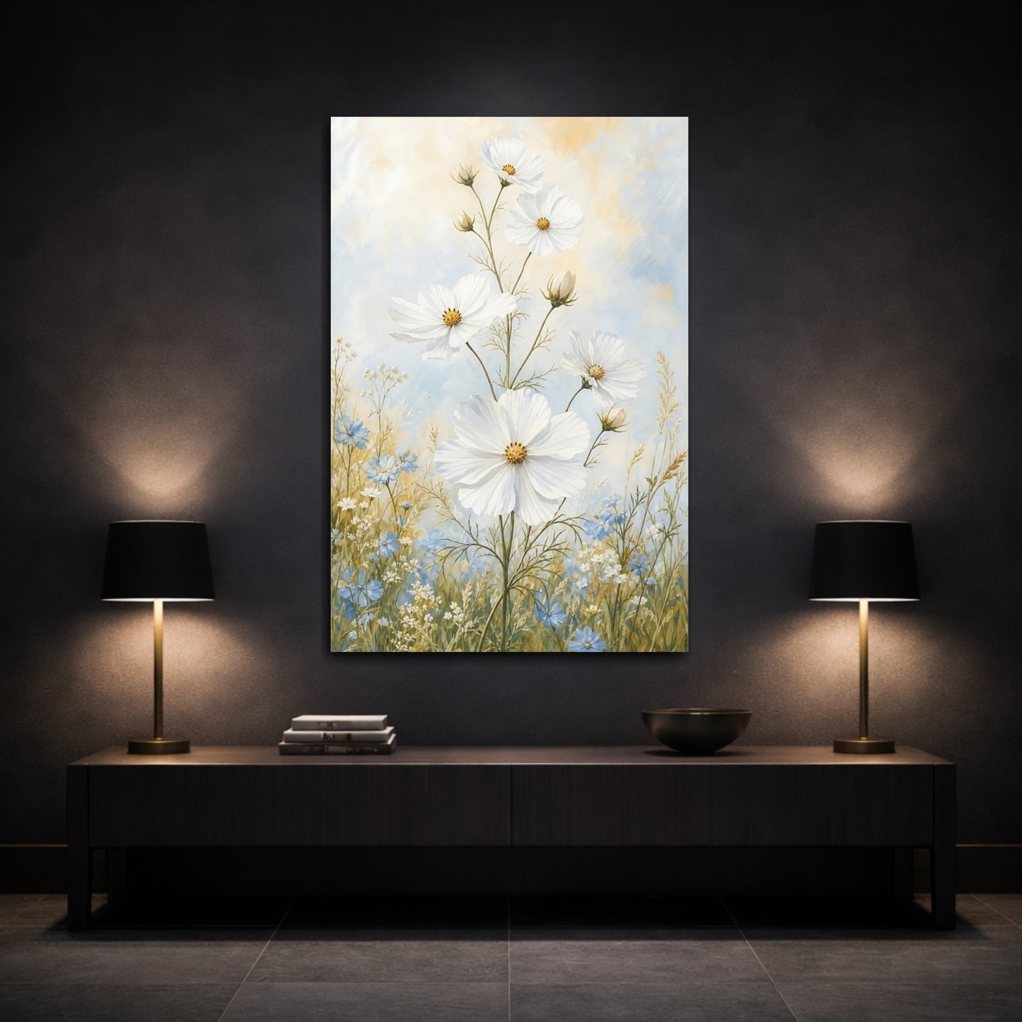 Mockup 3. Floral White Cosmos White And Blue Flowers shown as canvas print