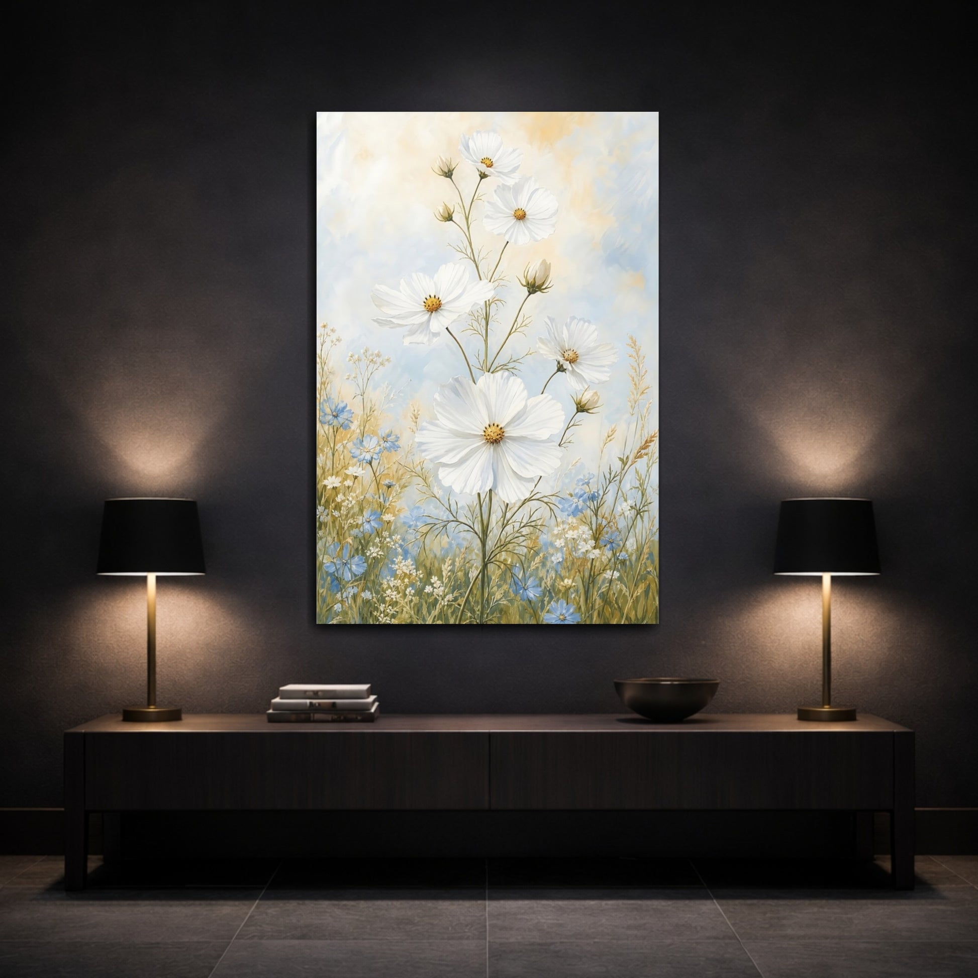 Mockup 3. Floral White Cosmos White And Blue Flowers shown as canvas print