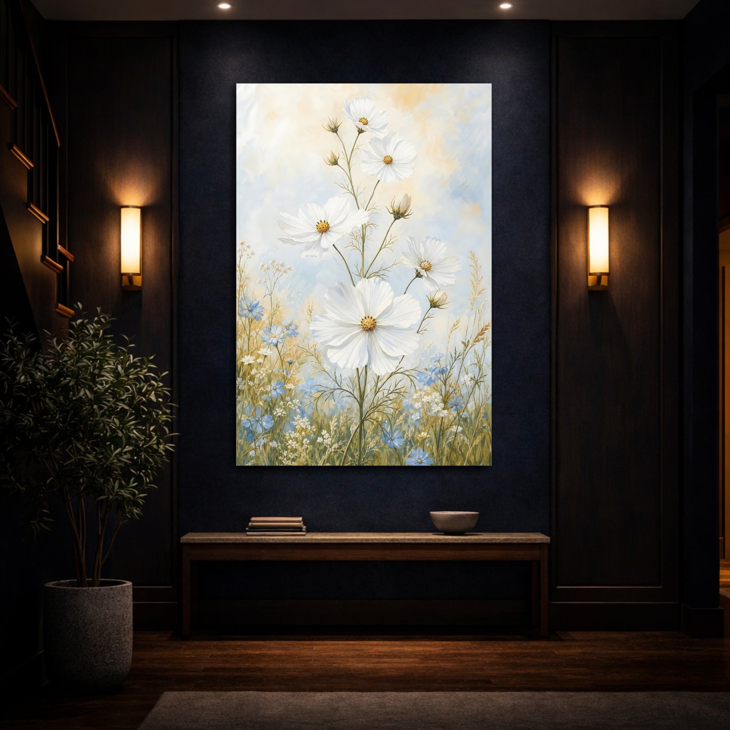 Mockup 4. Floral White Cosmos White And Blue Flowers shown as canvas print