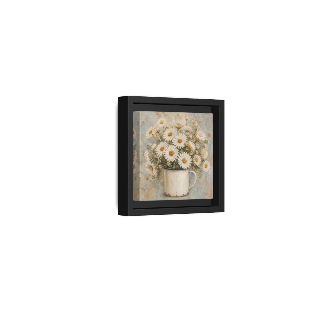 Side Mockup 24. Floral White Daisies In Enamel Cup shown as framed canvas print