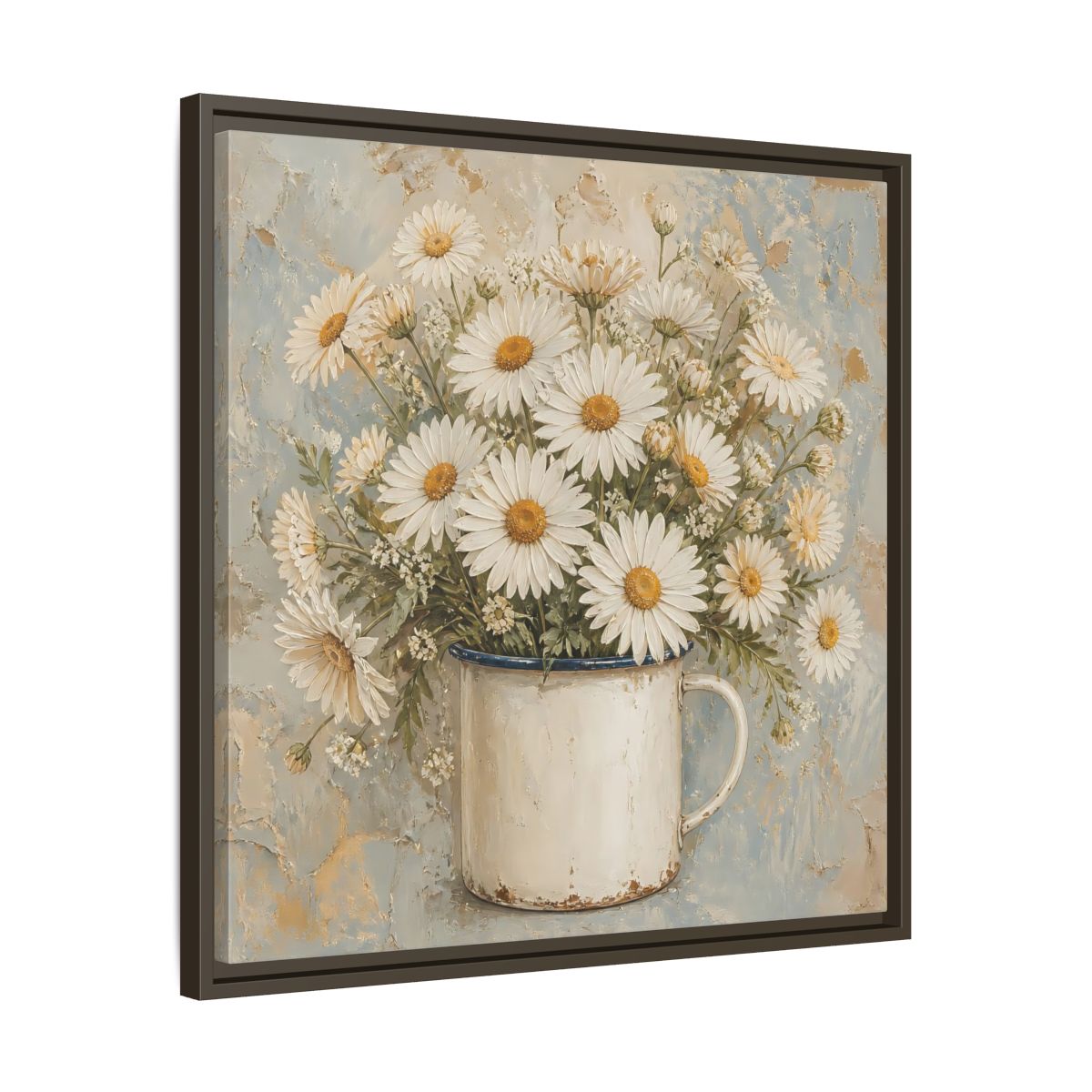 Side Mockup 27. Floral White Daisies In Enamel Cup shown as framed canvas print