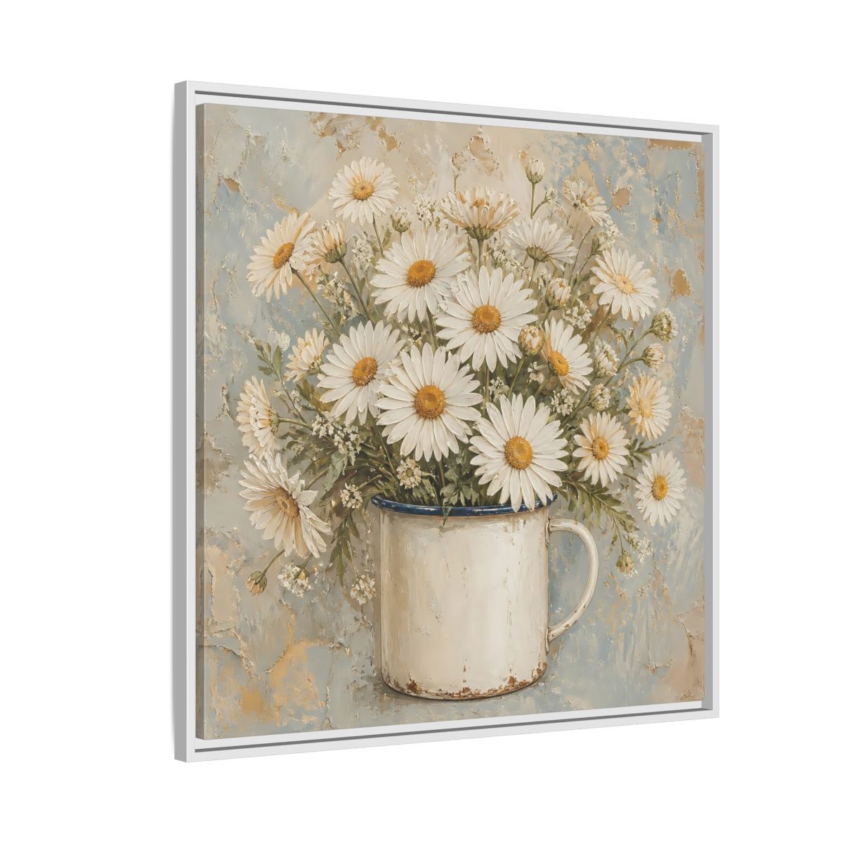 Side Mockup 7. Floral White Daisies In Enamel Cup shown as framed canvas print