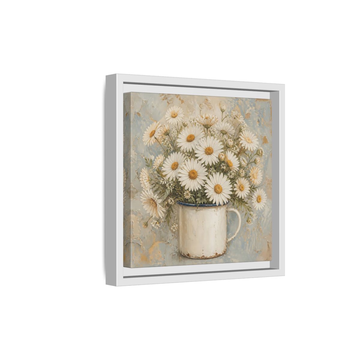 Side Mockup 19. Floral White Daisies In Enamel Cup shown as framed canvas print