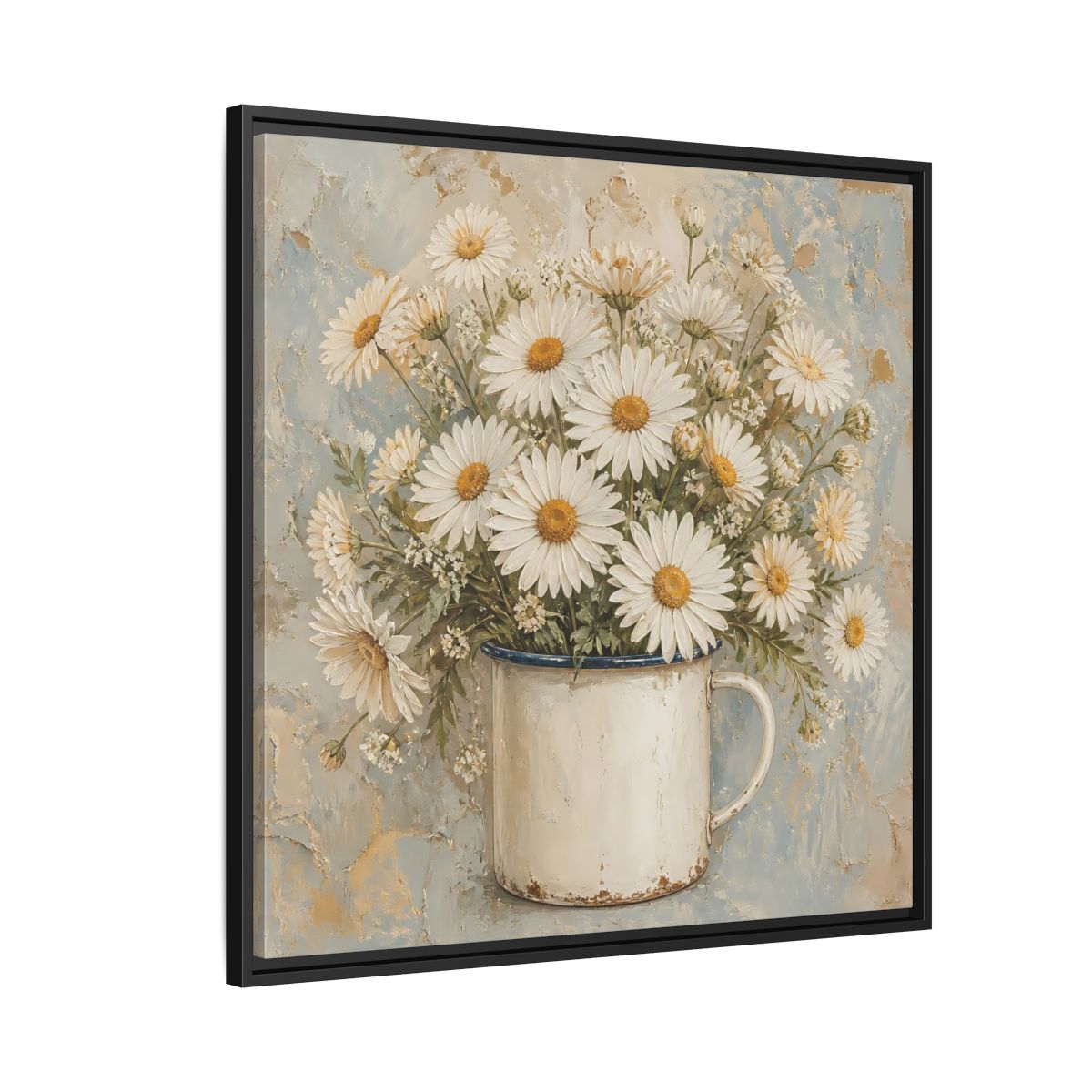 Side Mockup 9. Floral White Daisies In Enamel Cup shown as framed canvas print