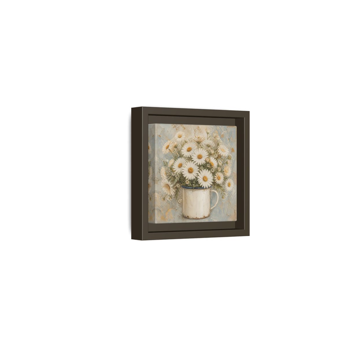 Side Mockup 23. Floral White Daisies In Enamel Cup shown as framed canvas print