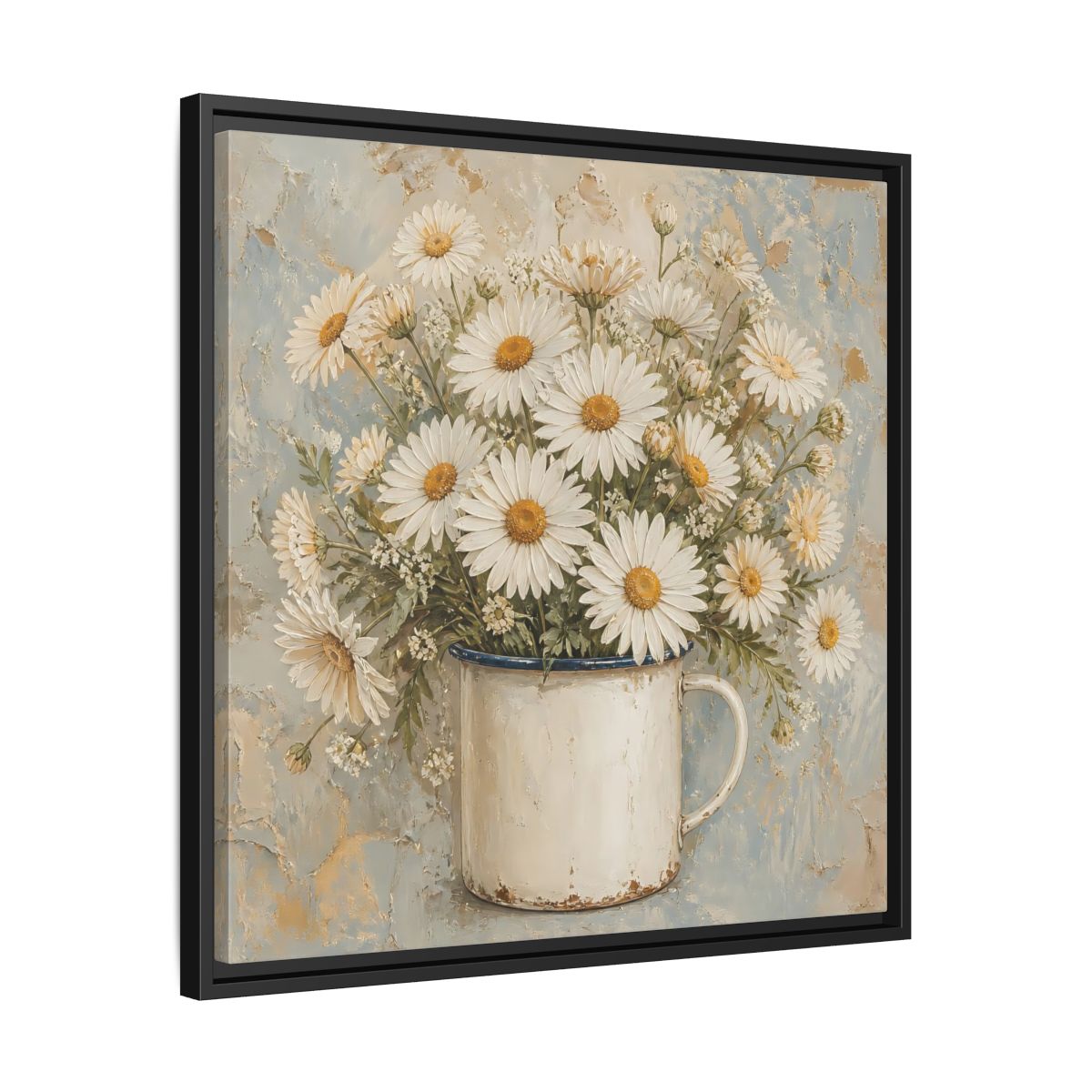 Side Mockup 31. Floral White Daisies In Enamel Cup shown as framed canvas print