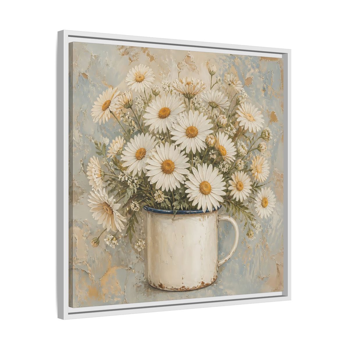 Side Mockup 26. Floral White Daisies In Enamel Cup shown as framed canvas print