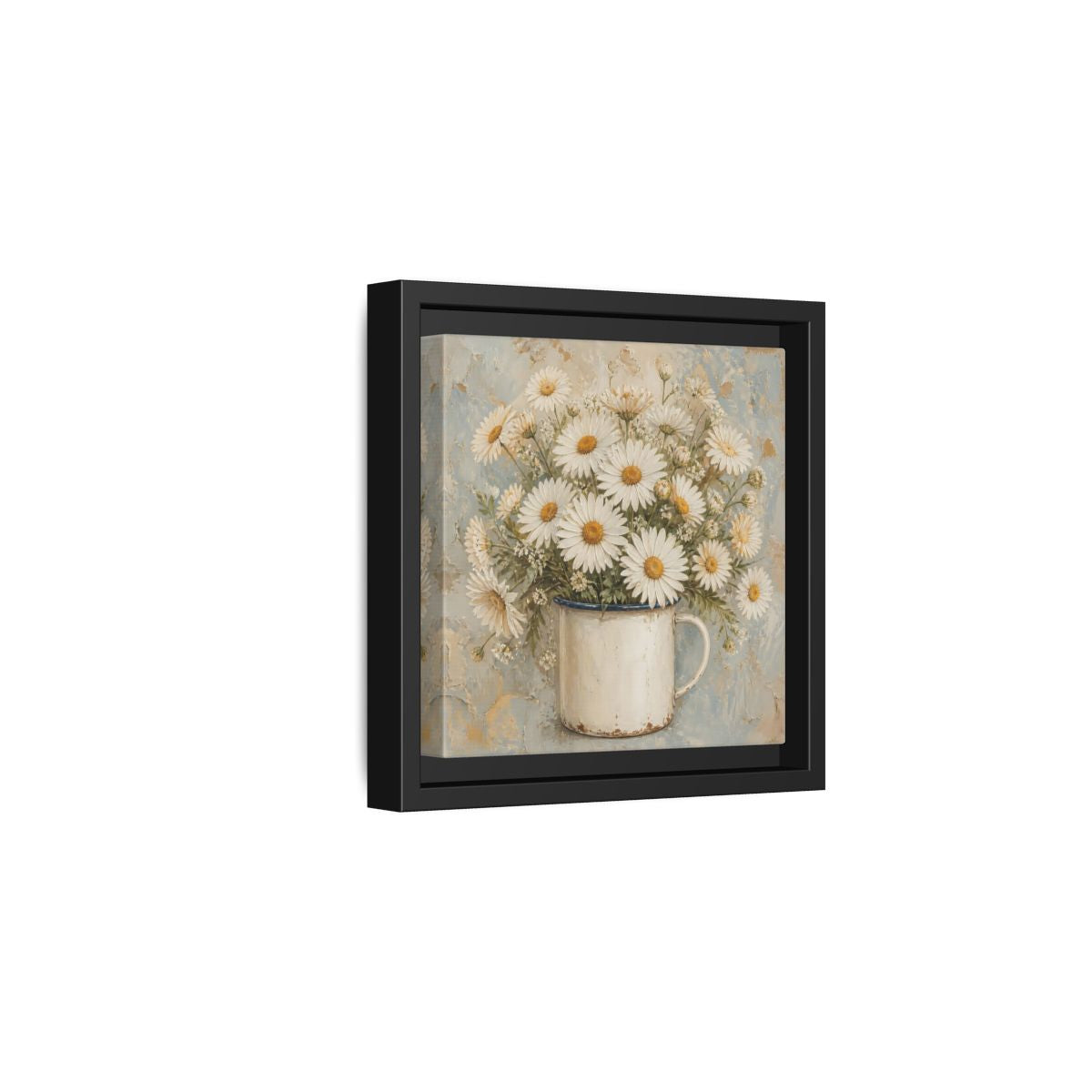Side Mockup 3. Floral White Daisies In Enamel Cup shown as framed canvas print