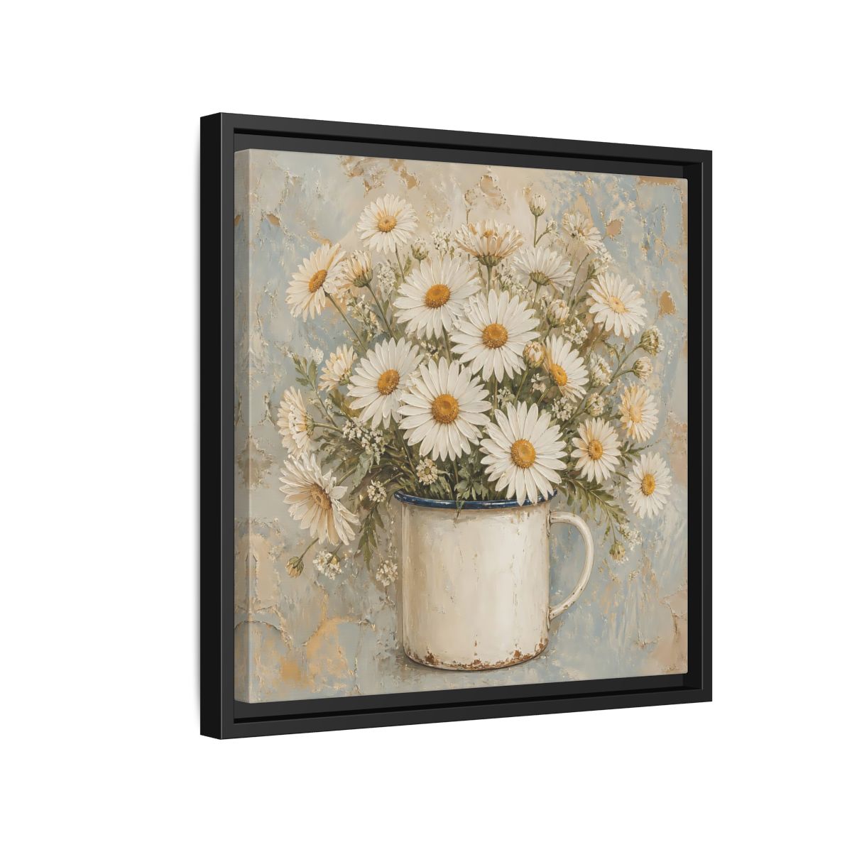 Side Mockup 15. Floral White Daisies In Enamel Cup shown as framed canvas print