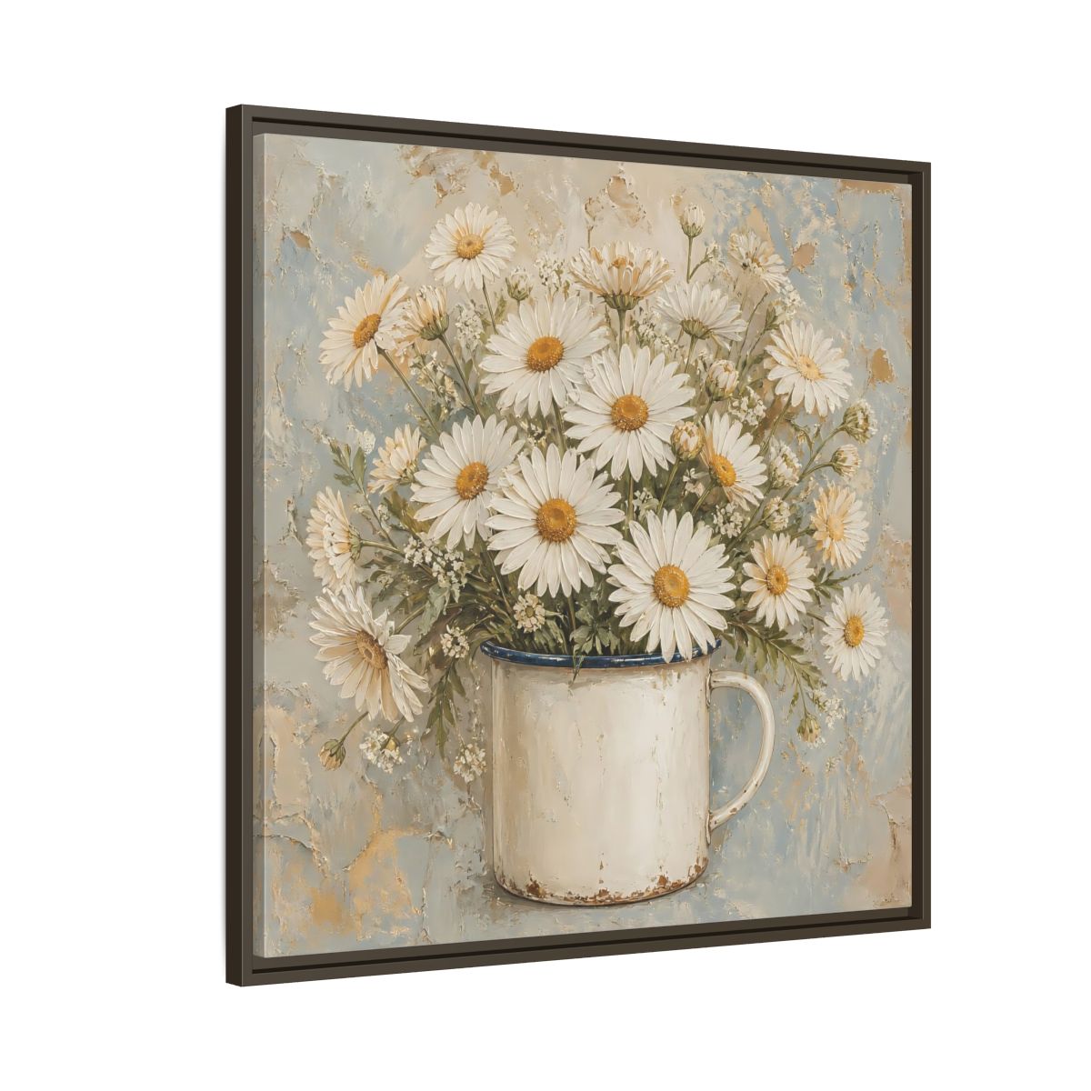 Side Mockup 8. Floral White Daisies In Enamel Cup shown as framed canvas print