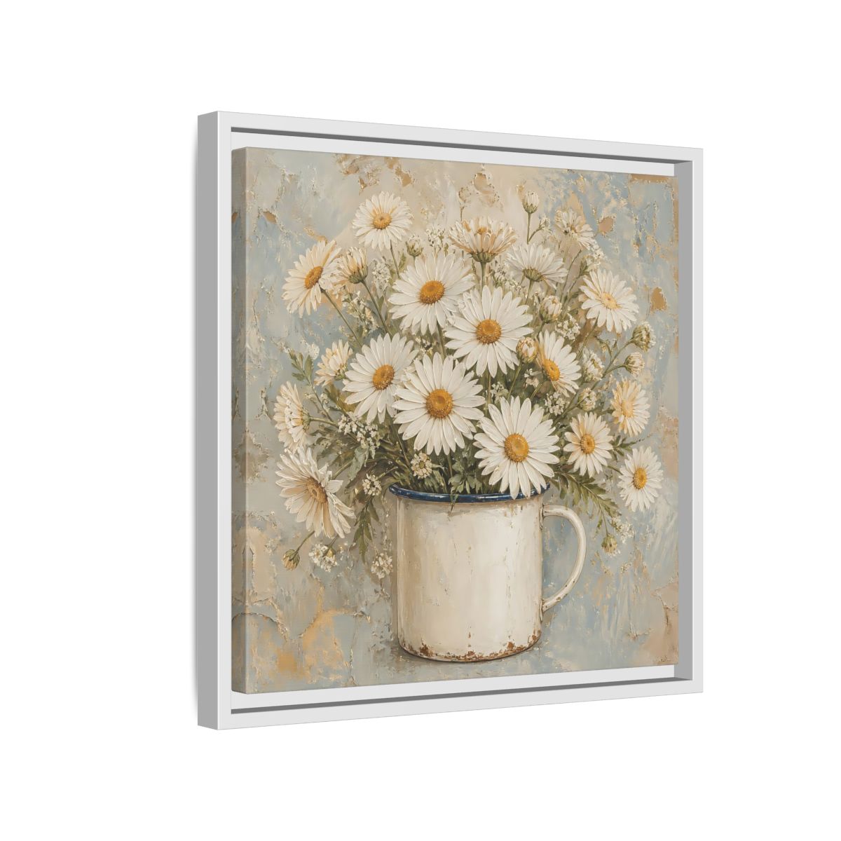 Side Mockup 13. Floral White Daisies In Enamel Cup shown as framed canvas print