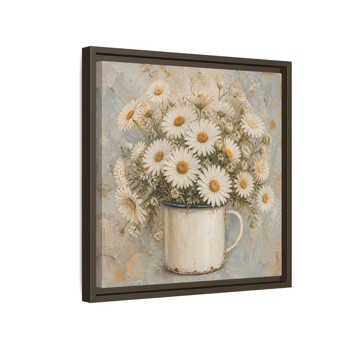 Side Mockup 14. Floral White Daisies In Enamel Cup shown as framed canvas print