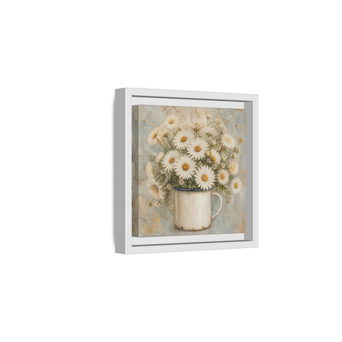 Side Mockup 1. Floral White Daisies In Enamel Cup shown as framed canvas print