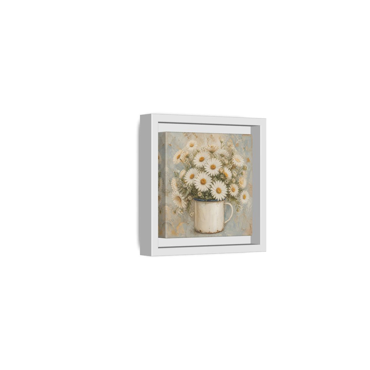 Side Mockup 22. Floral White Daisies In Enamel Cup shown as framed canvas print