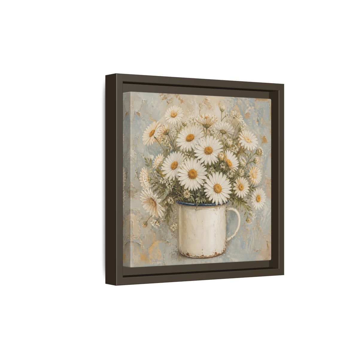 Side Mockup 20. Floral White Daisies In Enamel Cup shown as framed canvas print