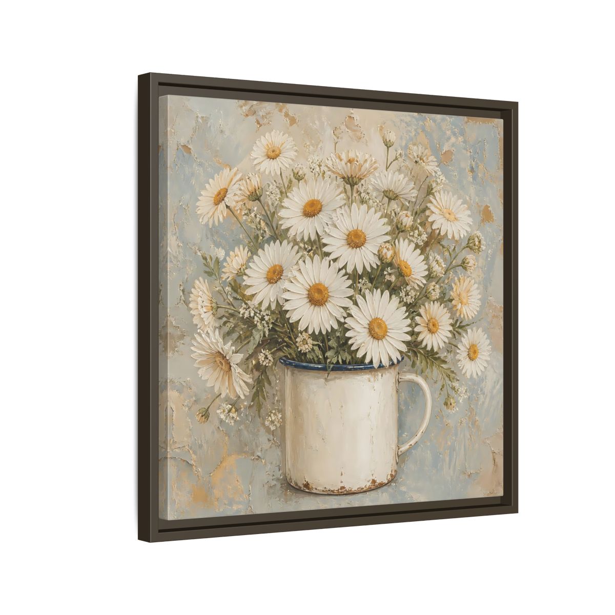 Side Mockup 11. Floral White Daisies In Enamel Cup shown as framed canvas print