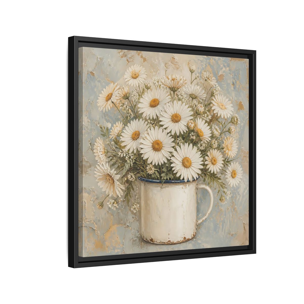 Side Mockup 12. Floral White Daisies In Enamel Cup shown as framed canvas print