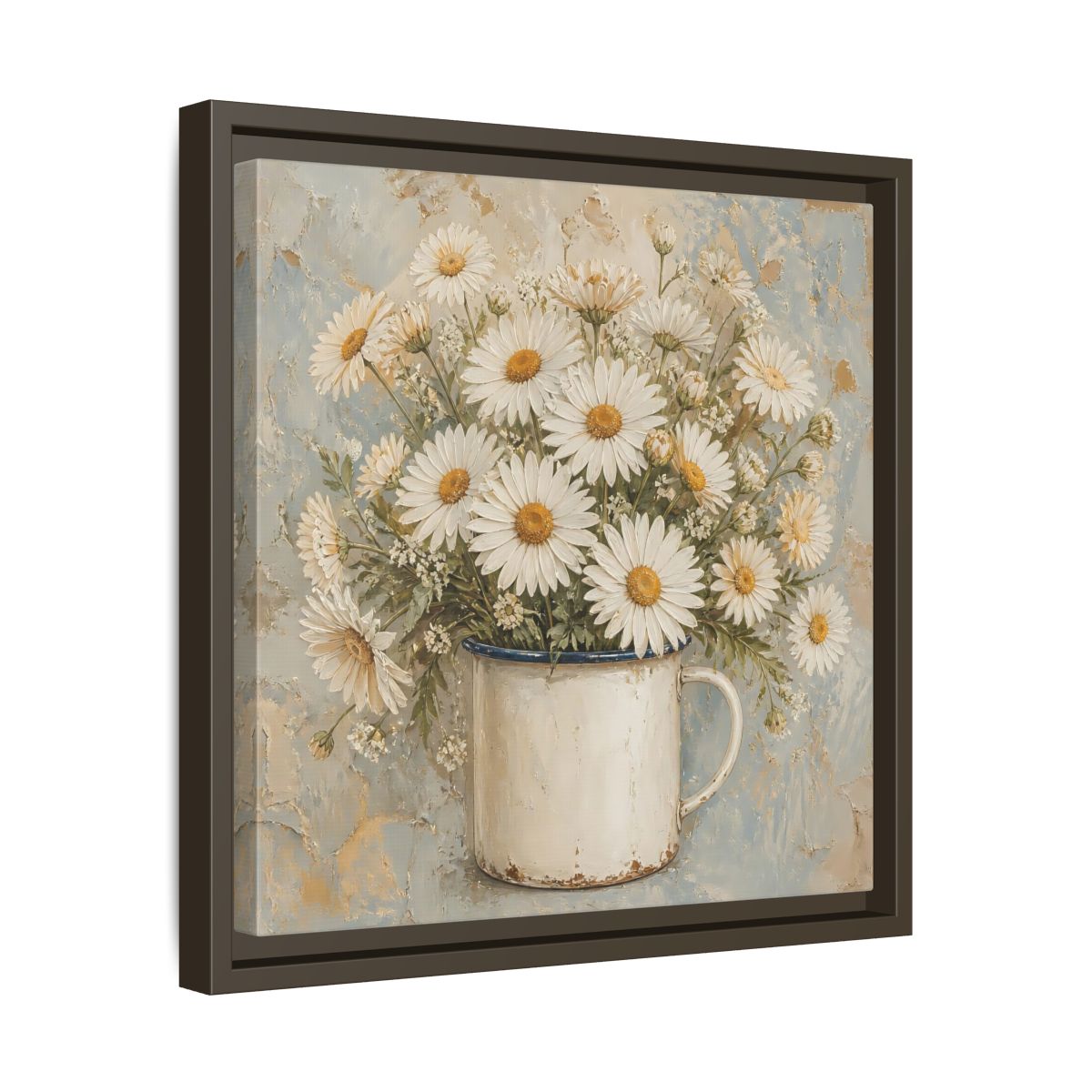 Side Mockup 29. Floral White Daisies In Enamel Cup shown as framed canvas print