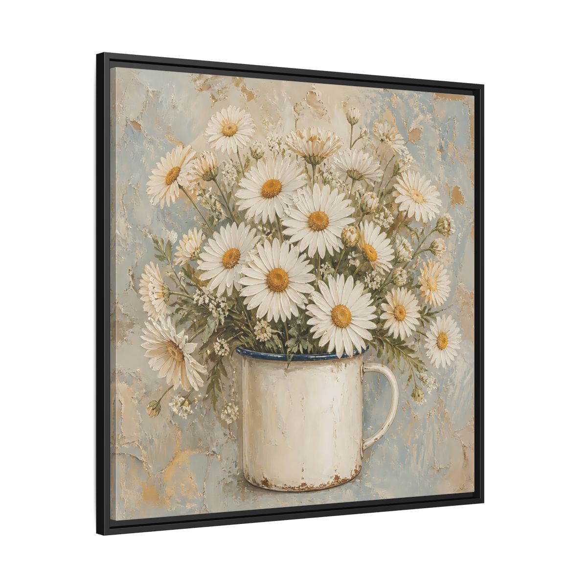 Side Mockup 30. Floral White Daisies In Enamel Cup shown as framed canvas print