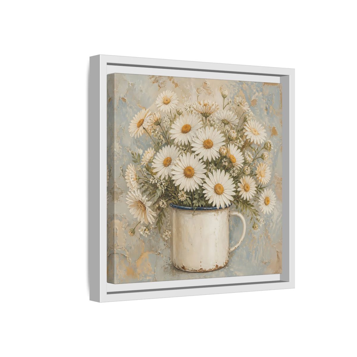Side Mockup 16. Floral White Daisies In Enamel Cup shown as framed canvas print