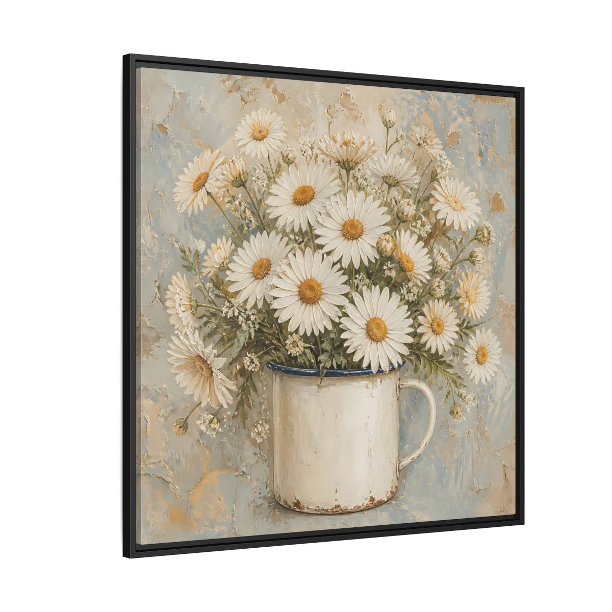 Side Mockup 6. Floral White Daisies In Enamel Cup shown as framed canvas print