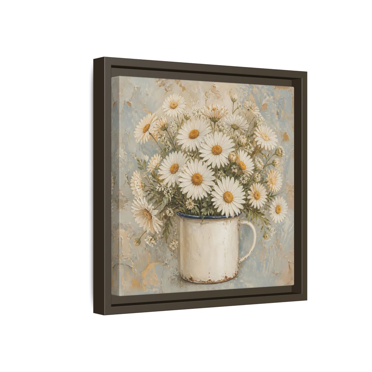 Side Mockup 17. Floral White Daisies In Enamel Cup shown as framed canvas print