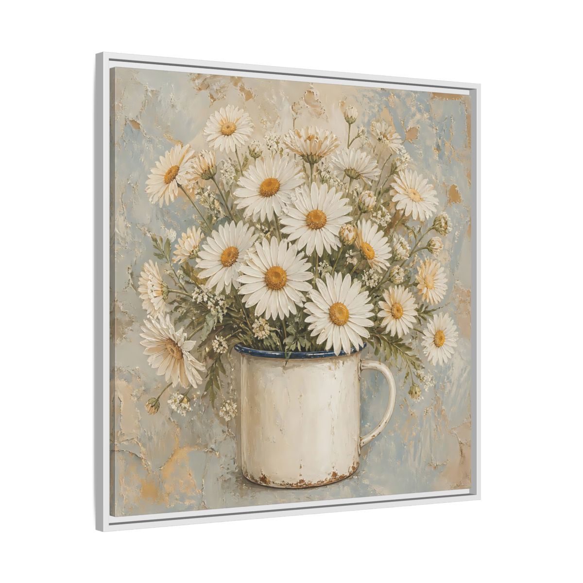 Side Mockup 25. Floral White Daisies In Enamel Cup shown as framed canvas print