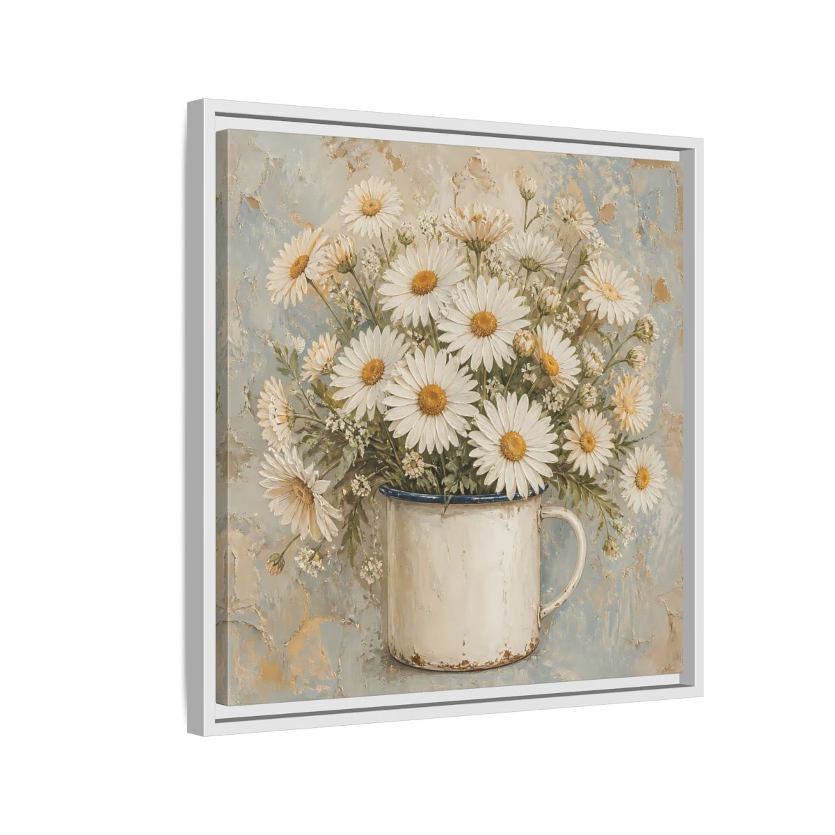 Side Mockup 10. Floral White Daisies In Enamel Cup shown as framed canvas print