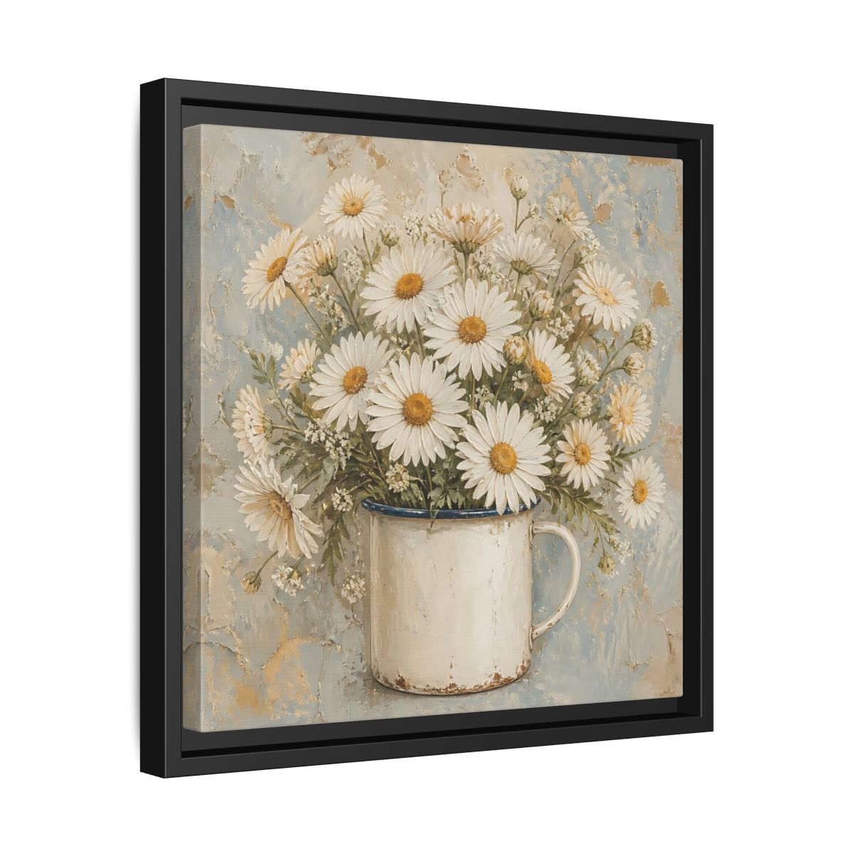 Side Mockup 32. Floral White Daisies In Enamel Cup shown as framed canvas print