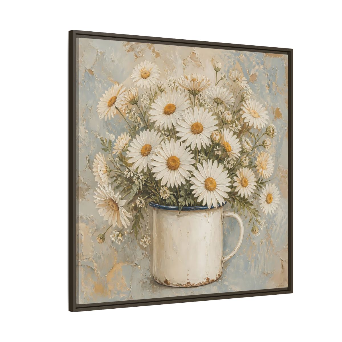 Side Mockup 5. Floral White Daisies In Enamel Cup shown as framed canvas print
