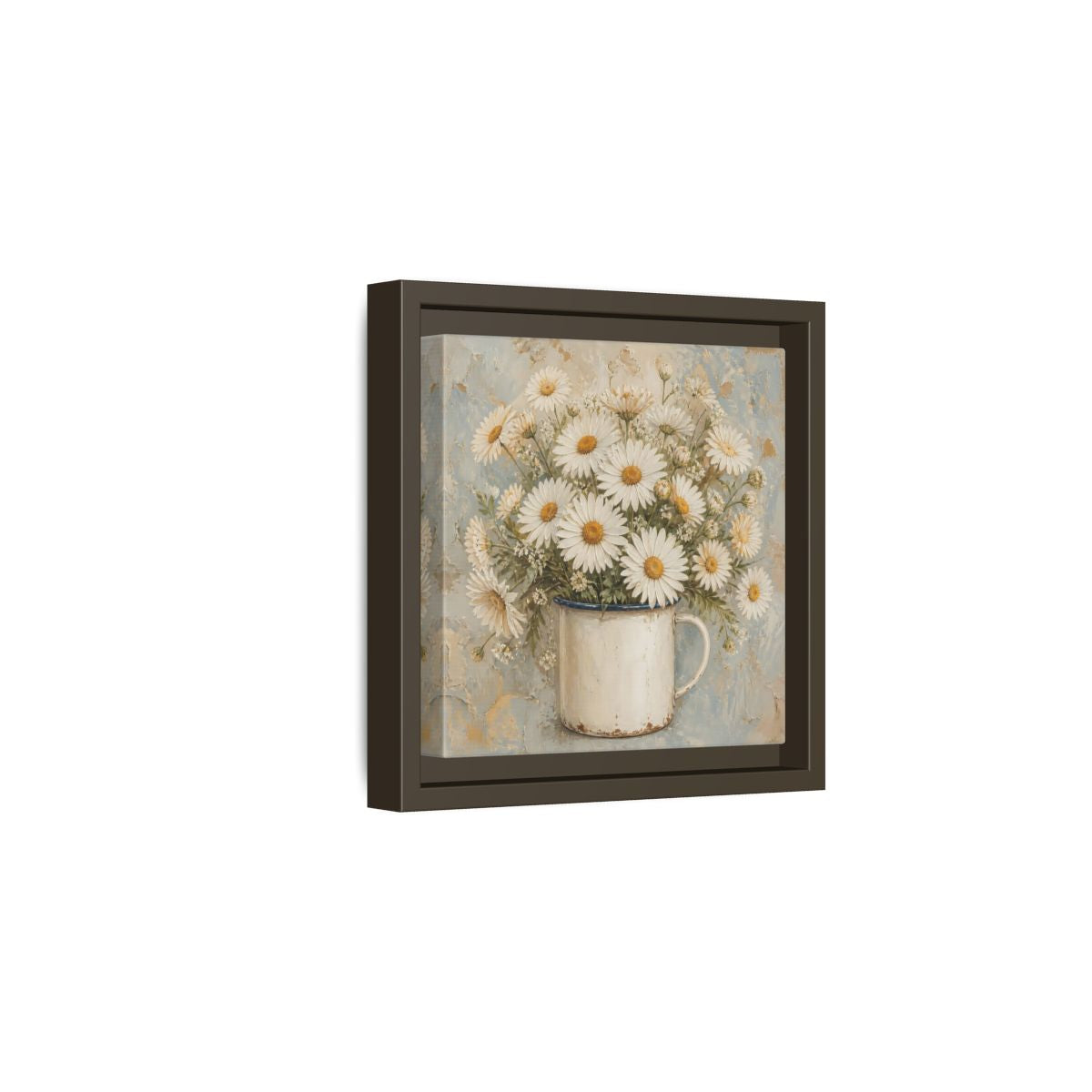 Side Mockup 2. Floral White Daisies In Enamel Cup shown as framed canvas print