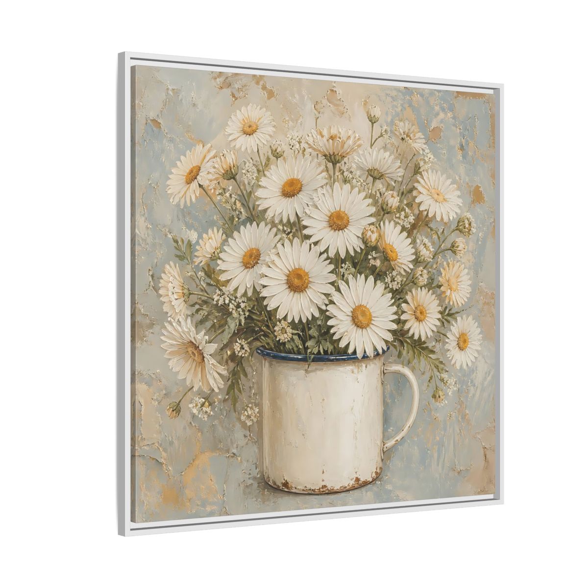 Side Mockup 4. Floral White Daisies In Enamel Cup shown as framed canvas print