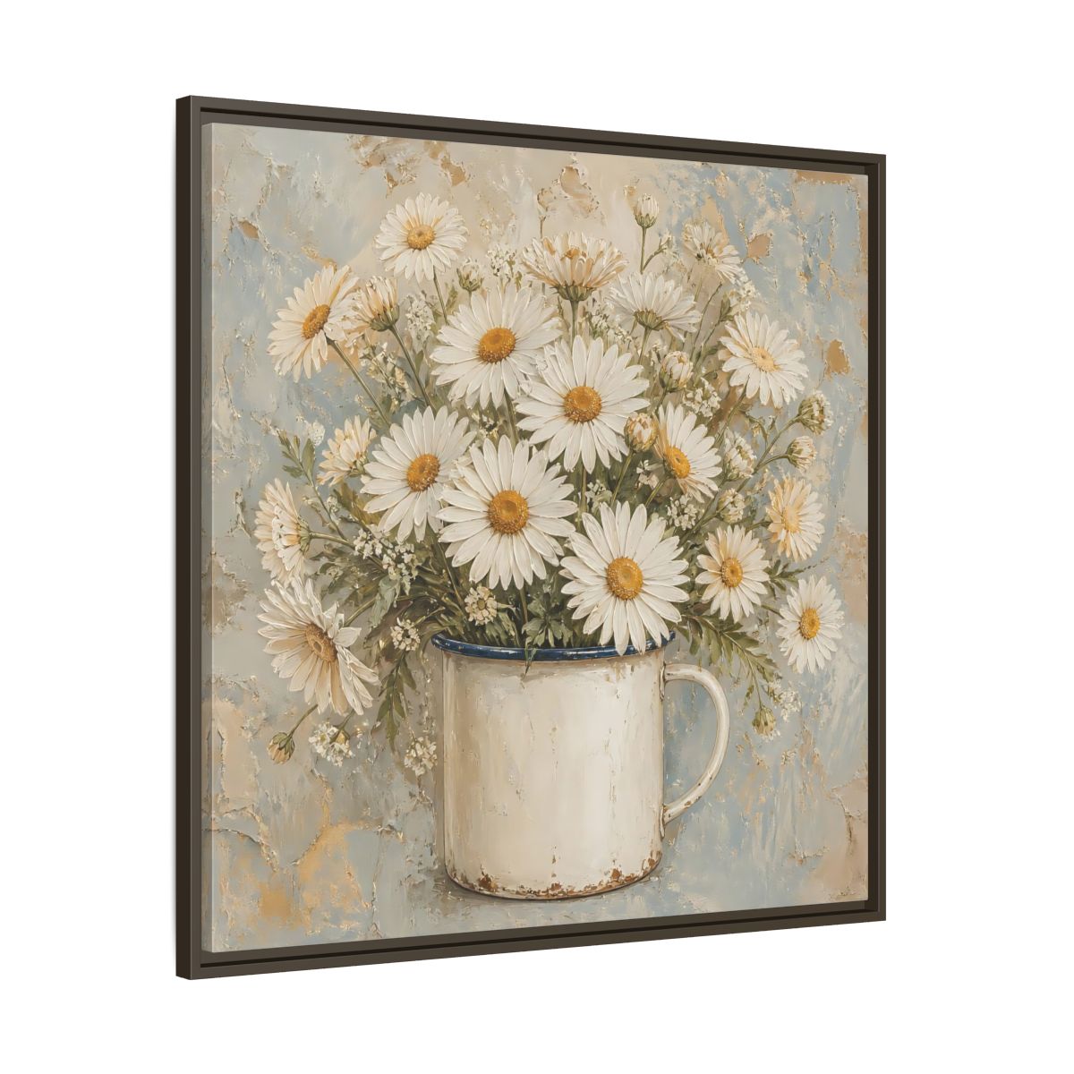 Main Mockup. Floral White Daisies In Enamel Cup shown as framed canvas print