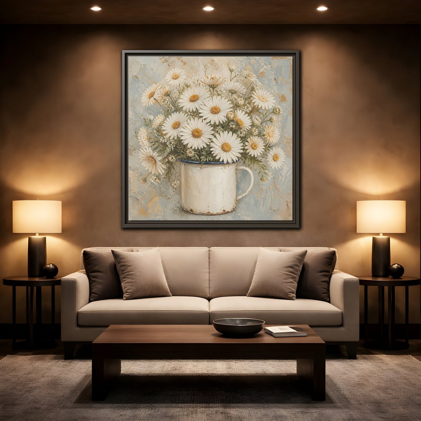 Mockup 2. Floral White Daisies In Enamel Cup shown as framed canvas print