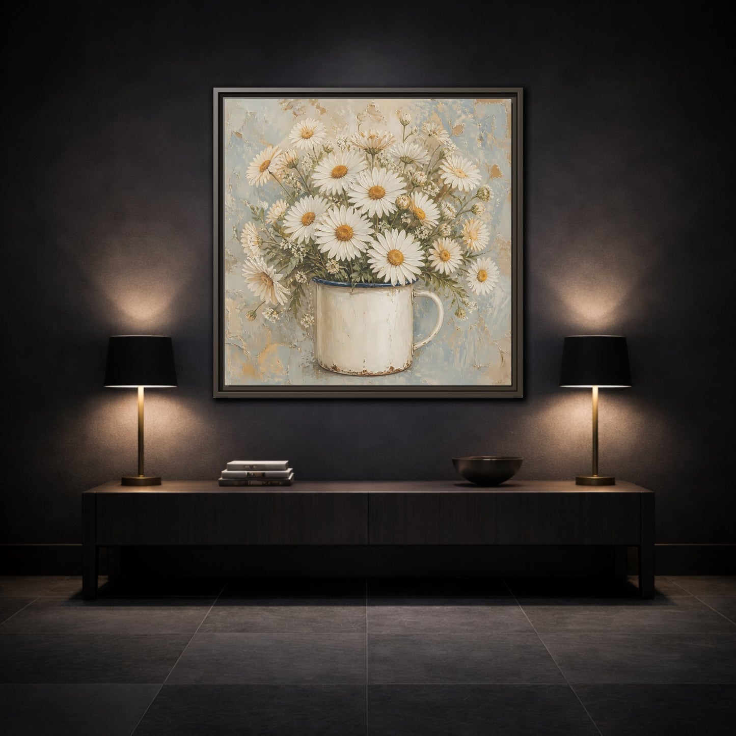 Mockup 3. Floral White Daisies In Enamel Cup shown as framed canvas print