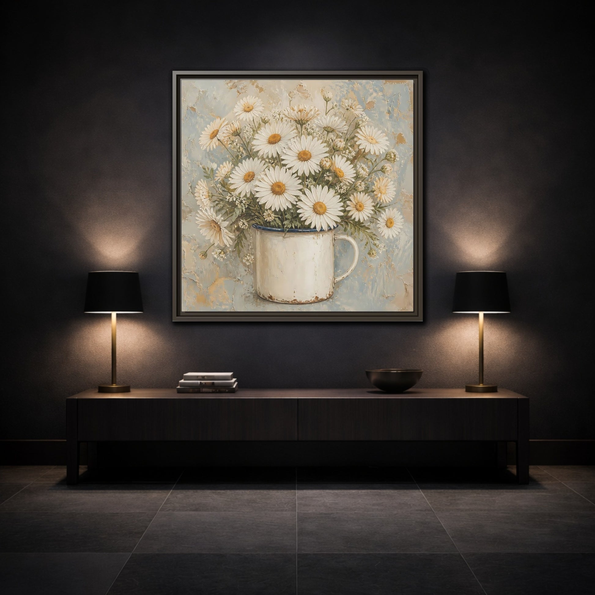 Mockup 3. Floral White Daisies In Enamel Cup shown as framed canvas print