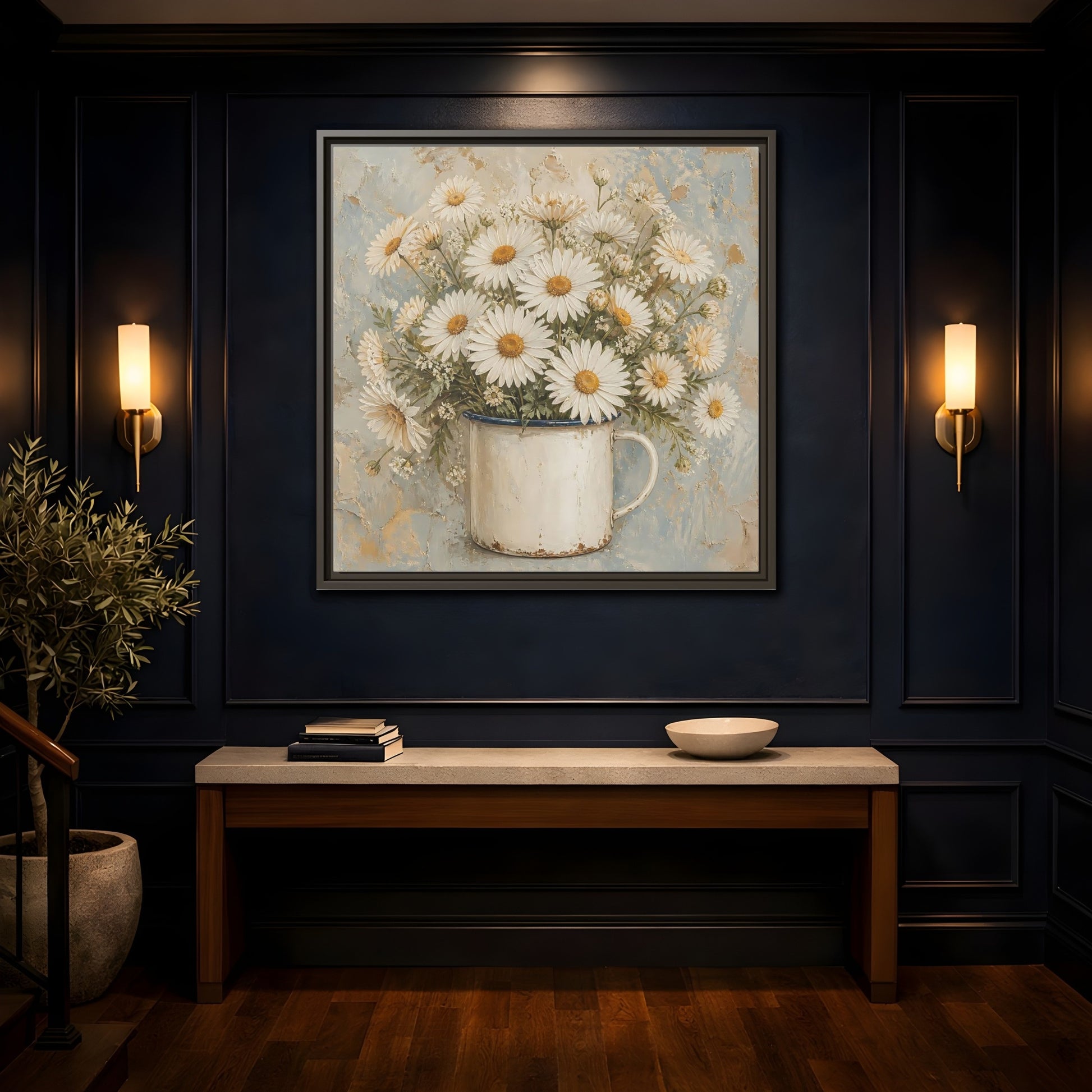 Mockup 4. Floral White Daisies In Enamel Cup shown as framed canvas print